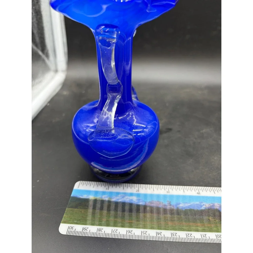Vintage Cobalt Blue Art Glass Vase Ruffled Rim White‎ Opalescent Applied Handles